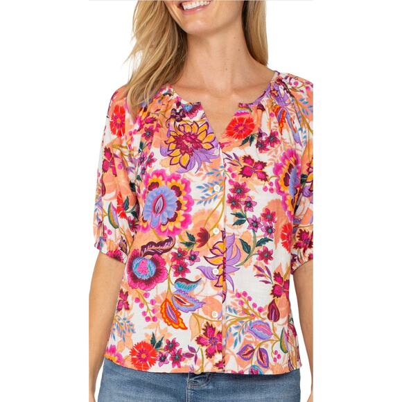 Liverpool Los Angeles Blouse Woven Floral Print Split V-Neck Short Sleeve Large - Picture 4 of 13